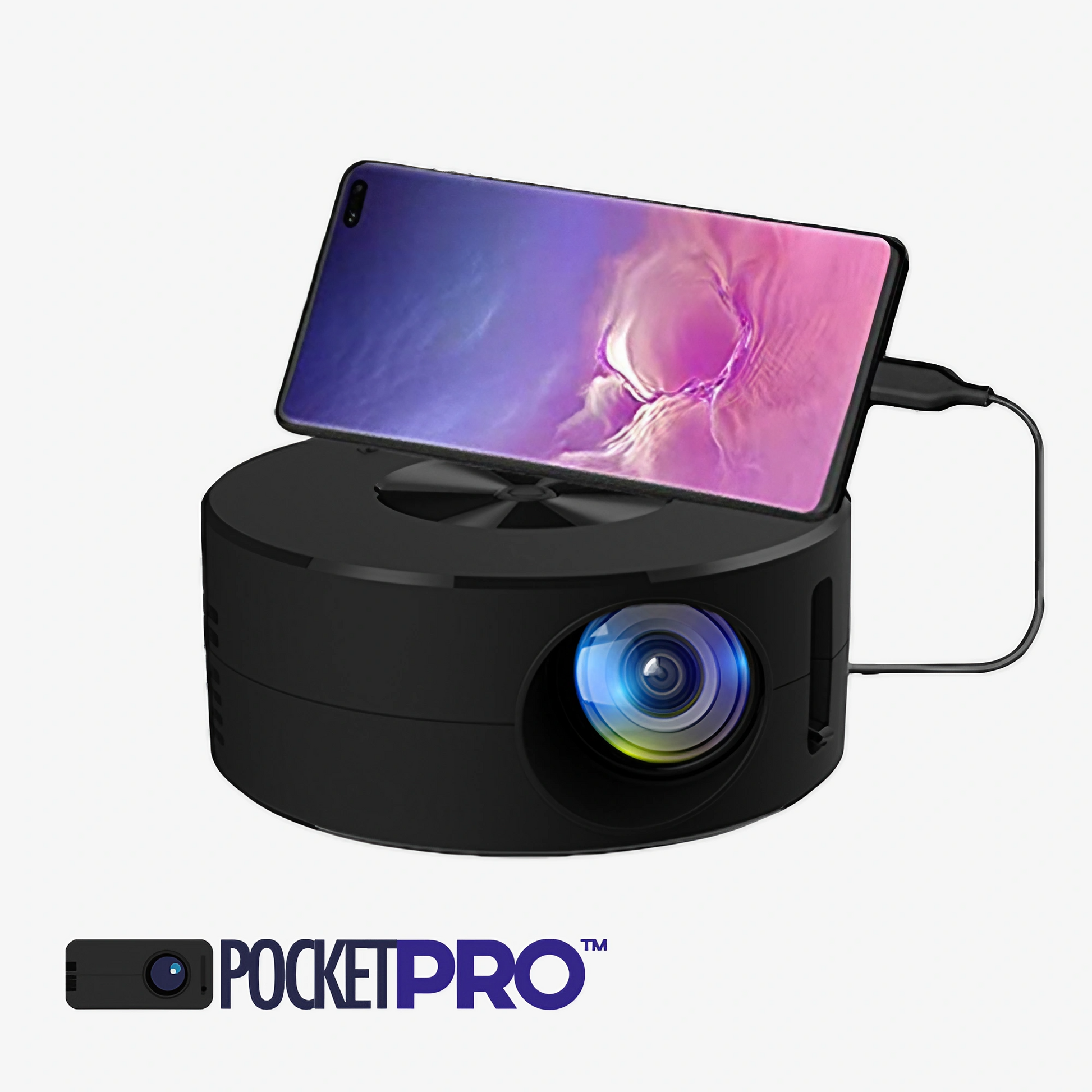 The PocketPro's™ complete package, including the projector, cable, remote control, user manual, and adjustable stand - everything you need for a portable home theater experience.